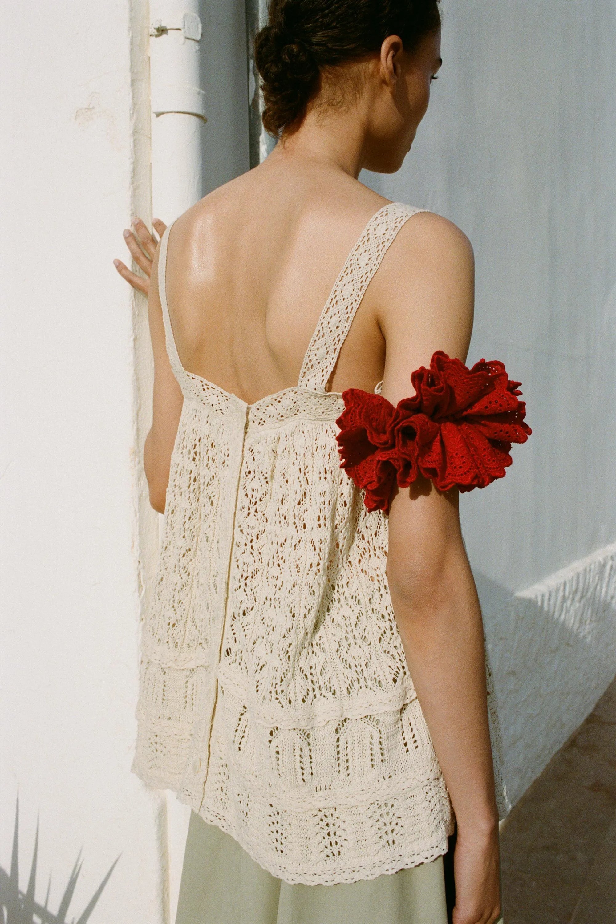 Pointelle knit lace trim top