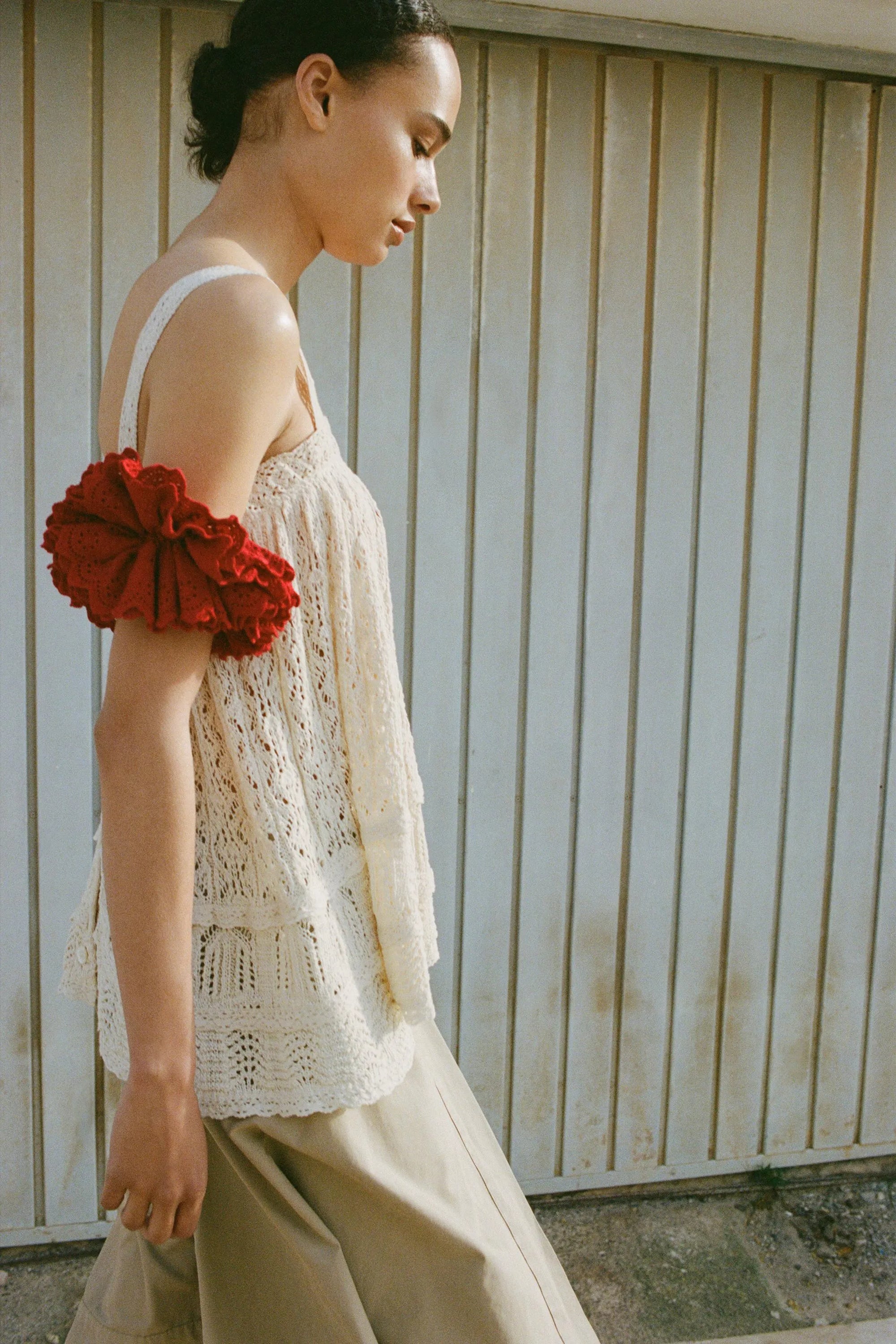 Pointelle knit lace trim top