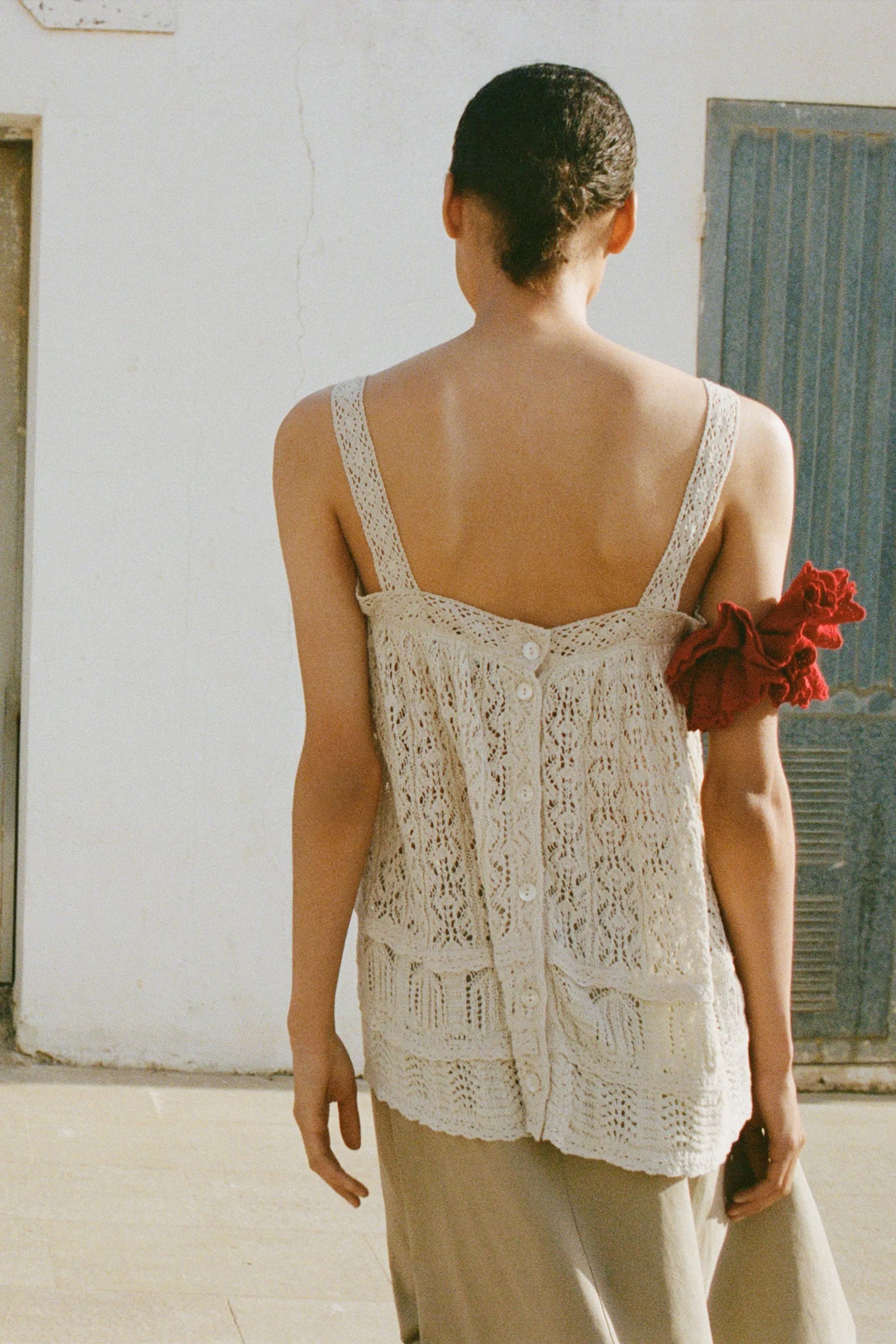 Pointelle knit lace trim top