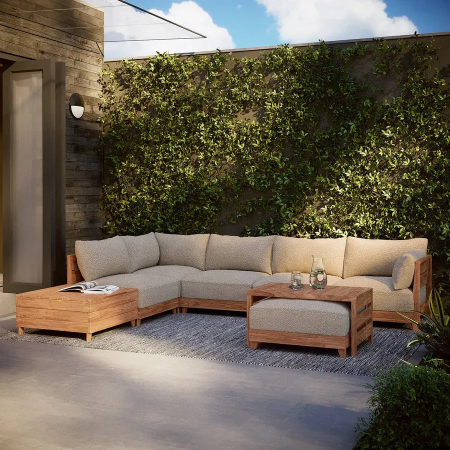 Modular Teak Outdoor Ottoman + Side Table | Alfresco Boucle in Cashew